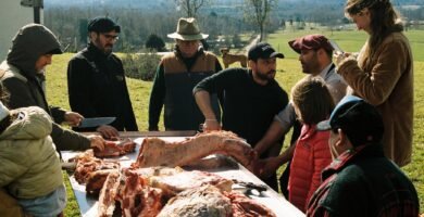 Grupo de personas aprendiendo técnicas de carnicería al aire libre, rodeadas de un paisaje campestre. Están trabajando sobre una mesa con piezas de carne, usando varios utensilios de corte, mientras el instructor marcos somana los guía. Hay niños observando y aprendiendo también.