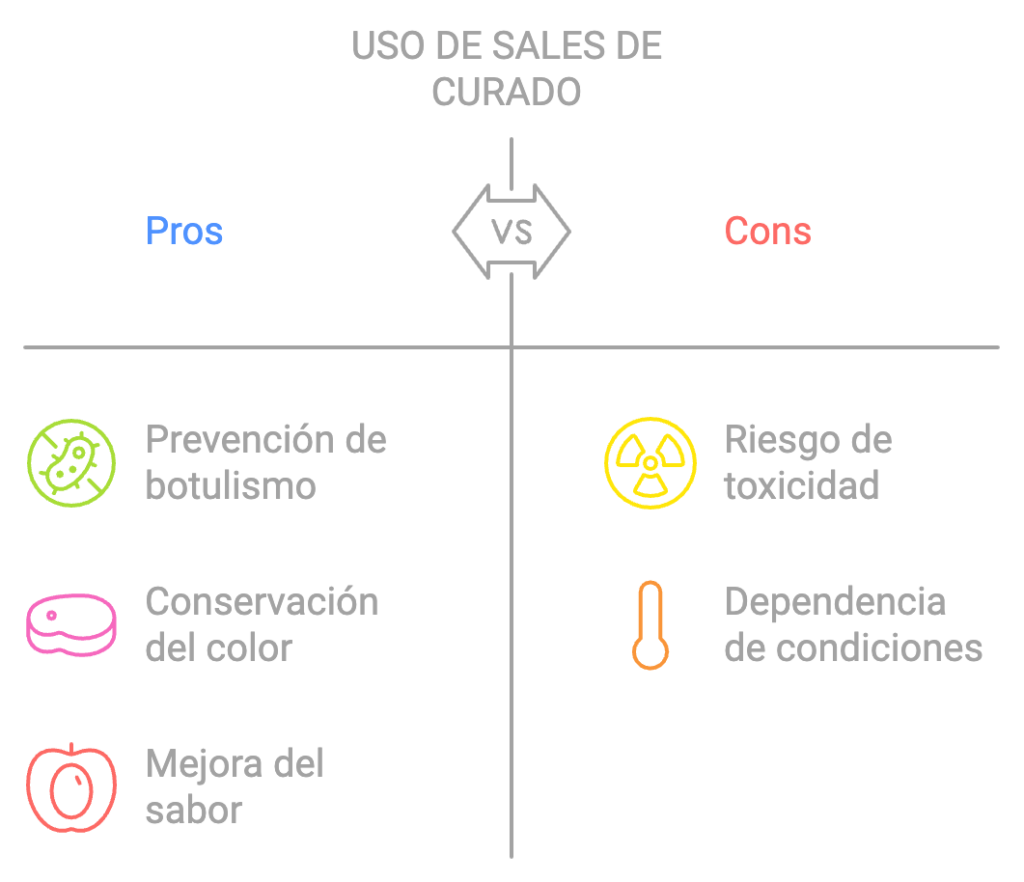 "Uso de Sales de Curado" que compara pros y contras. Los beneficios destacados incluyen la prevención de botulismo, conservación del color y mejora del sabor, mientras que los riesgos incluyen toxicidad y dependencia de condiciones específicas. Elaborado con inspiración en los conocimientos de Marcos Somana, creador de La Fiambrería y maestro charcutero especializado en técnicas seguras y tradicionales de curado.